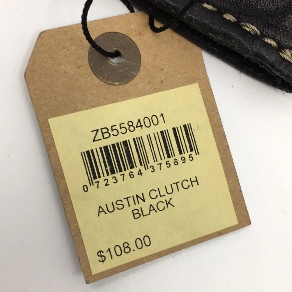 NWT Fossil Austin Clutch Black Leather Brass Hardware Removeavke Wristlet Strap